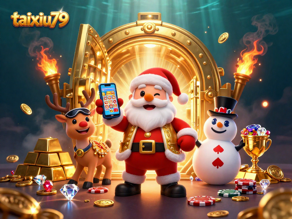 Engage in thrilling gameplay with taixiu79, featuring Santa and friends celebrating big wins in a rich casino scene.