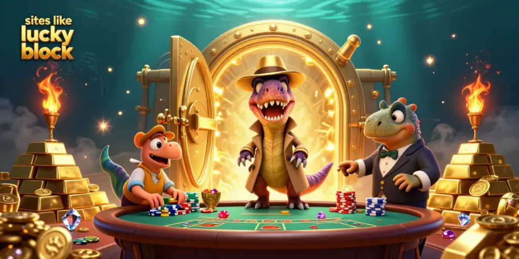 Engage with sites like lucky block for an exciting casino experience at blackjack tables featuring animated dinosaurs.